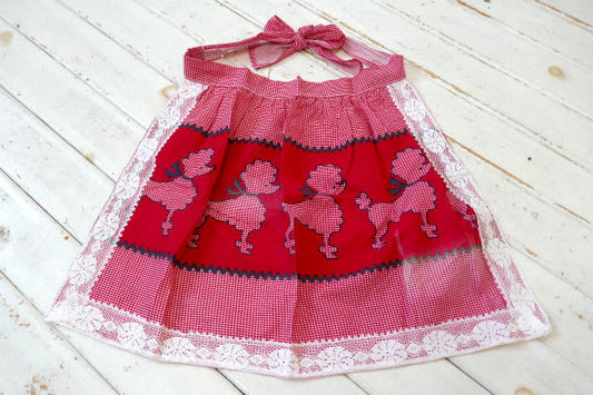 1950年代 ロマンティック プードル 赤白 ギンガムチェック レース ビンテージ エプロン 古着 USA