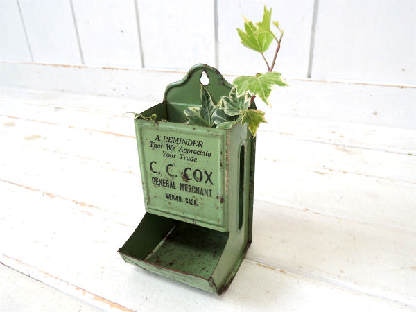 【C.C. COX・シャビー】グリーン・ティン製・アンティーク・アドバタイジング・マッチホルダー・缶