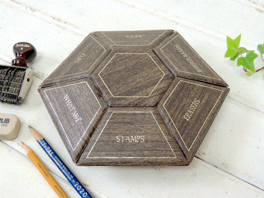 ウッド柄・ミッドセンチュリー・ステーショナリー用ヴィンテージ・卓上オーガナイズケース/オーガナイザー