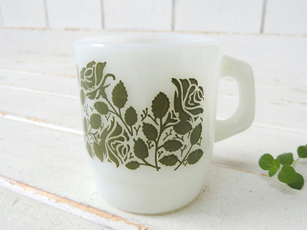 【Fire King】ローズガーデン・緑・ファイヤーキング・スタッキング・マグカップ USA