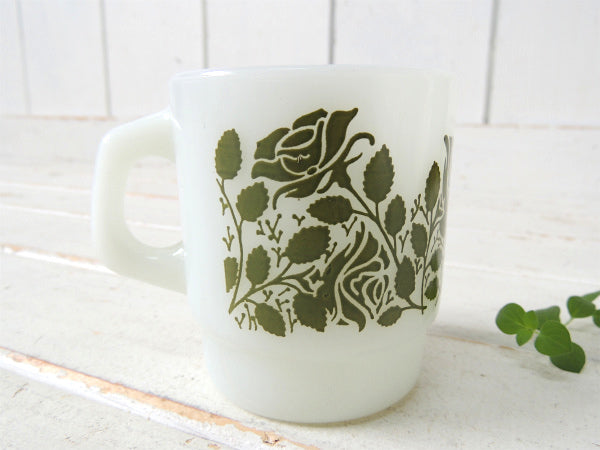 【Fire King】ローズガーデン・緑・ファイヤーキング・スタッキング・マグカップ USA