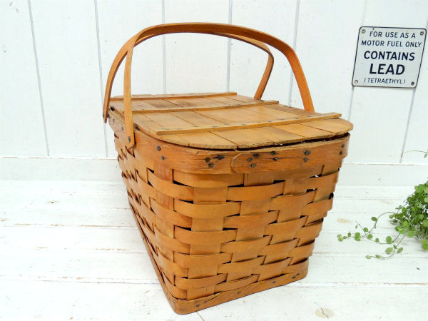 ナチュラル・木製・アンティーク・ピクニックバスケット/ウッドバスケット/カゴ USA