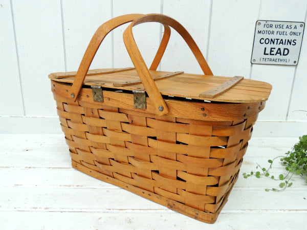 ナチュラル・木製・アンティーク・ピクニックバスケット/ウッドバスケット/カゴ USA
