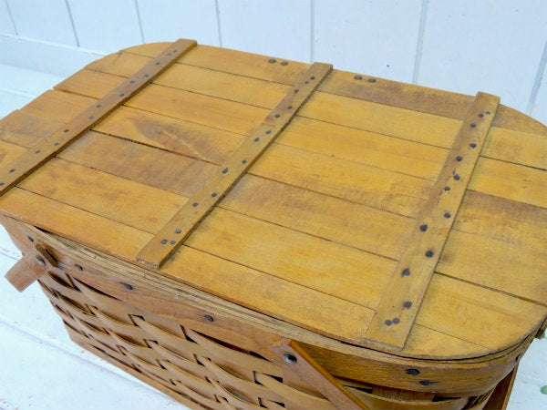 ナチュラル・木製・アンティーク・ピクニックバスケット/ウッドバスケット/カゴ USA