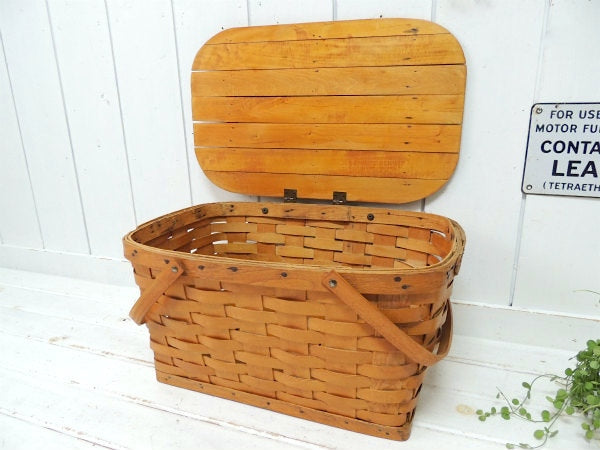 ナチュラル・木製・アンティーク・ピクニックバスケット/ウッドバスケット/カゴ USA