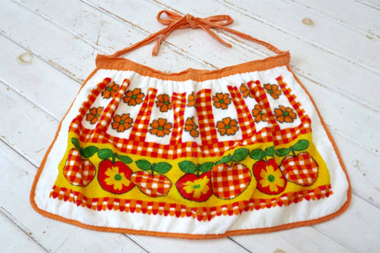 レトロポップ リンゴ 花柄 フラワー チェック パイル地 70s ビンテージ エプロン 古着 USA