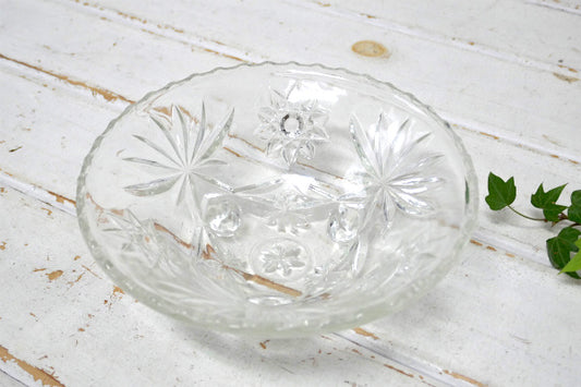 アンカーホッキング 花柄 クリア プレスガラス 脚付き 60's ヴィンテージ ボウル 皿 食器