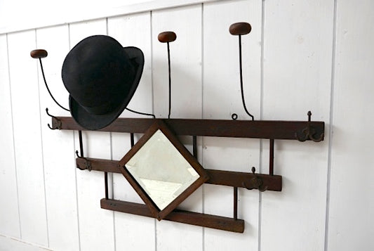 アーリーアメリカン 木製 ミラー付き アンティーク ハットラック コートフック ウォールフック