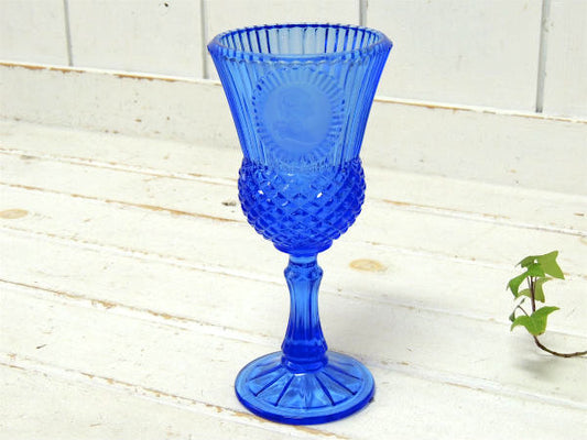 【AVON×Fostoria】硝子・マーサワシントン・カメオ・コバルトブルー・ビンテージ・脚付グラス