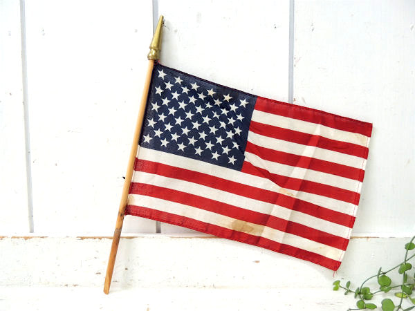 【アメリカンフラッグ・50州】USA★星条旗・木製ポール付き・ヴィンテージ・旗/インテリア・看板