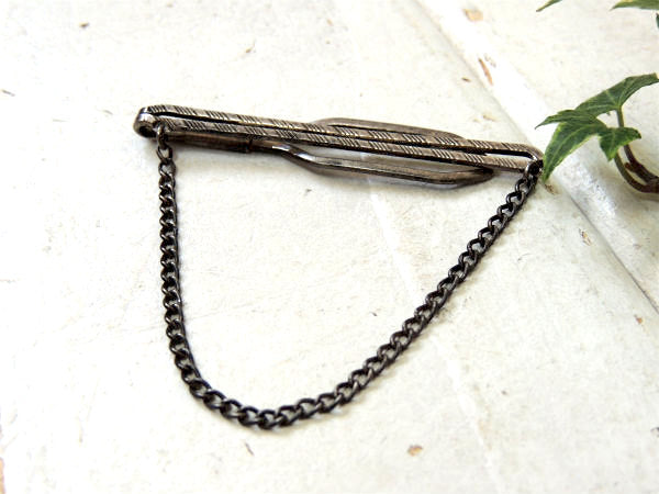 【細工模様・ダブルライン】チェーン付き・アンティーク&ヴィンテージ・タイピン・シルバー・USA