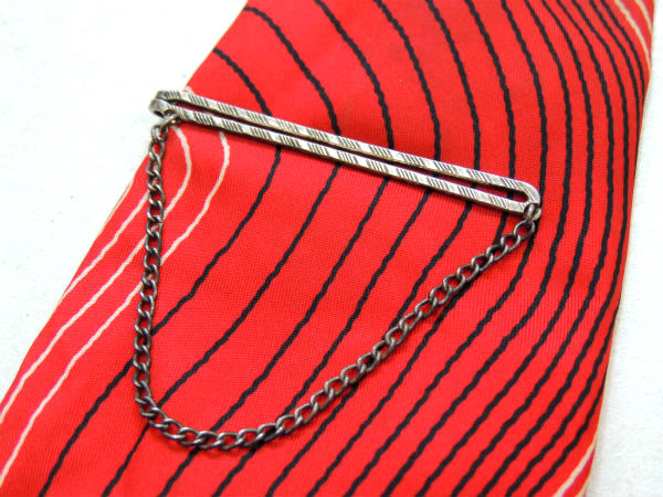 【細工模様・ダブルライン】チェーン付き・アンティーク&ヴィンテージ・タイピン・シルバー・USA