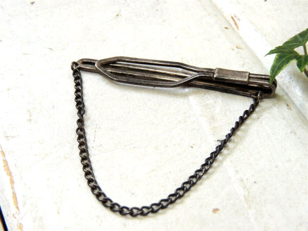 【細工模様・ダブルライン】チェーン付き・アンティーク&ヴィンテージ・タイピン・シルバー・USA