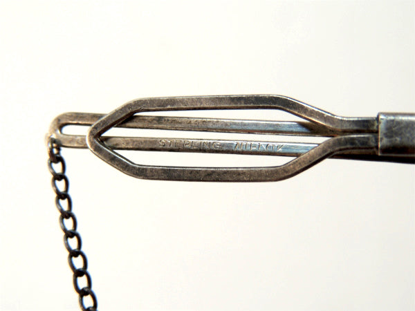 【細工模様・ダブルライン】チェーン付き・アンティーク&ヴィンテージ・タイピン・シルバー・USA