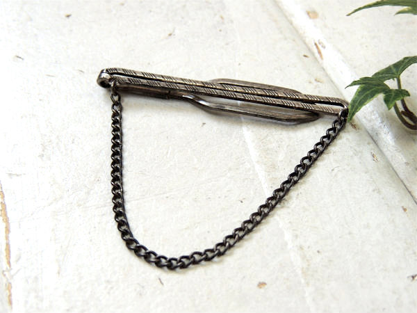 【細工模様・ダブルライン】チェーン付き・アンティーク&ヴィンテージ・タイピン・シルバー・USA