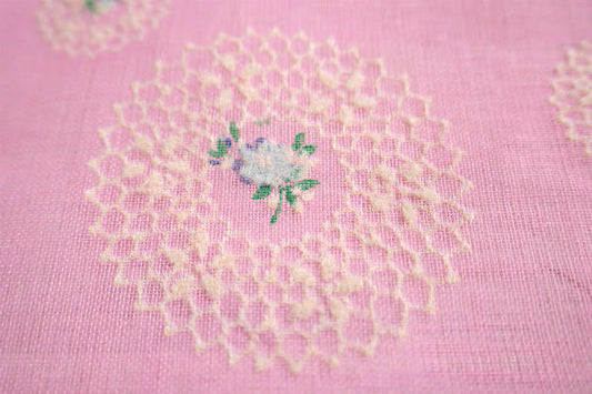 フラワー&リース刺繍  ピンク シースルー素材 デッドストック ヴィンテージ ファブリック 生地