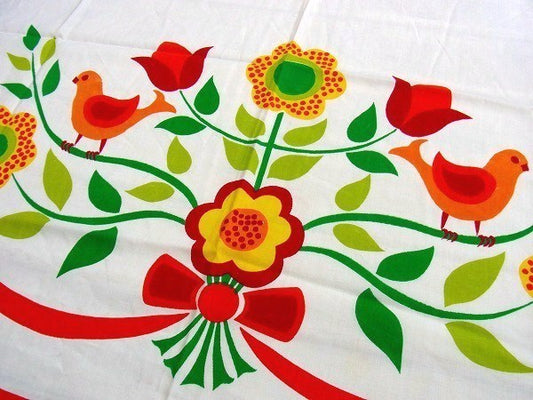 【Sears】シアーズ・オレンジ色の鳥&花柄・ヴィンテージ・カーテン/ファブリック/生地 USA