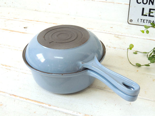 フランス製・鋳物ホーロー・ライトブルー・ヴィンテージ・ソースパン&スキレット・調理器具・18㎝