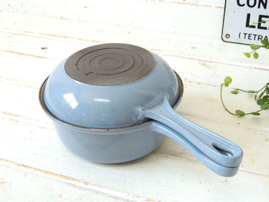 フランス製・鋳物ホーロー・ライトブルー・ヴィンテージ・ソースパン&スキレット・調理器具・18㎝