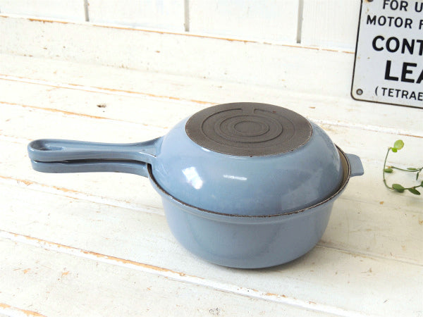 フランス製・鋳物ホーロー・ライトブルー・ヴィンテージ・ソースパン&スキレット・調理器具・18㎝