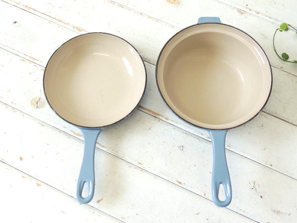 フランス製・鋳物ホーロー・ライトブルー・ヴィンテージ・ソースパン&スキレット・調理器具・18㎝