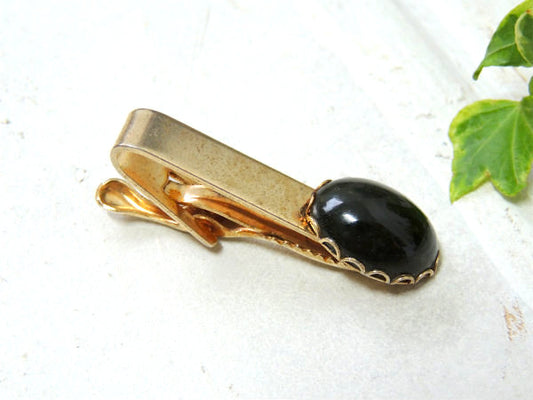 ゴールドトーン×ブラックグリーン US ヴィンテージ タイピン タイバー アクセサリー ファッション