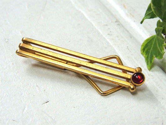 【アール・デコ】3本ライン透かし・SWANK・アンティーク・タイピン・ゴールド・レッド