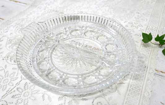 インディアナグラス 花柄 プレスガラス 仕切り付き ヴィンテージ トレイ サービングディッシュ 皿