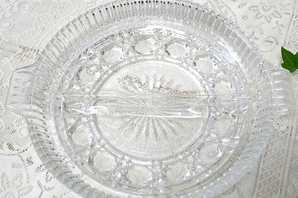 インディアナグラス 花柄 プレスガラス 仕切り付き ヴィンテージ トレイ サービングディッシュ 皿