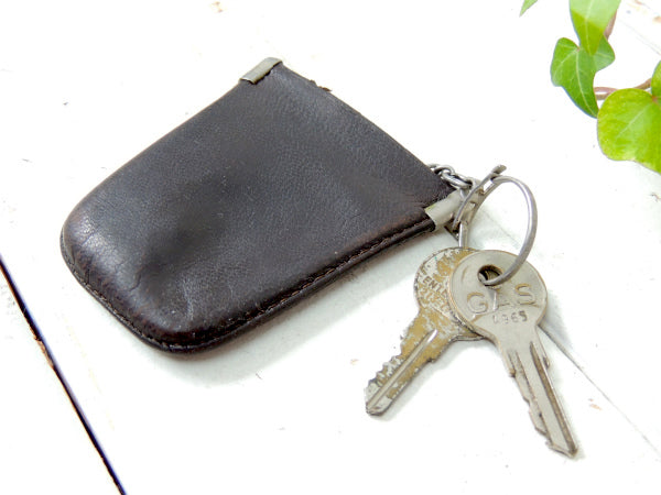 【黒革・レザー・バネ口】USA・ヴィンテージ・キーケース・古い鍵2本付き/アメ車
