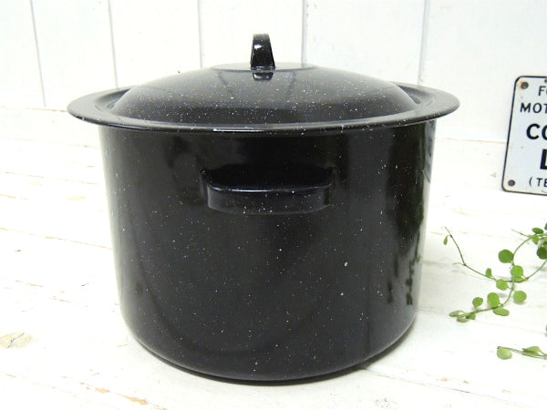 【黒色・ホーロー製】ヴィンテージ・両手鍋・深鍋・寸胴・クッキングポット・キャンプ・アウトドア