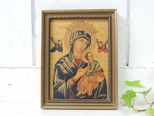 【絶えざる御助けの聖母】イタリア製・木製フレーム・キリスト&聖母マリア・アンティーク・壁掛け/聖品