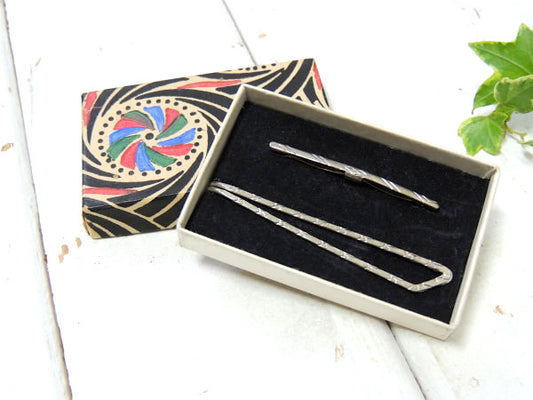 細工模様・2本ライン アンティーク&ビンテージ・タイピン&カラーバーセット・シルバートーン