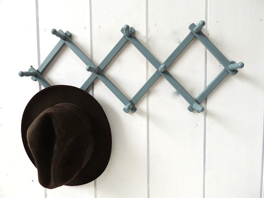 水色 グレー 木製・壁掛け・ジャバラ式・アンティーク・ハットラック・コートフック・インテリア USA