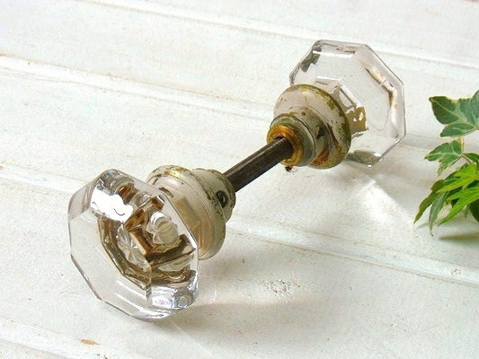 8角形のガラス製×真鍮製・アンティーク・ドアノブ USA