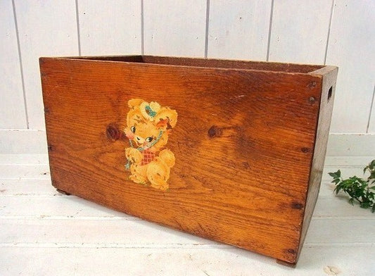 レトロなクマ&ネコ柄・アンティーク・木箱/ウッドボックス USA