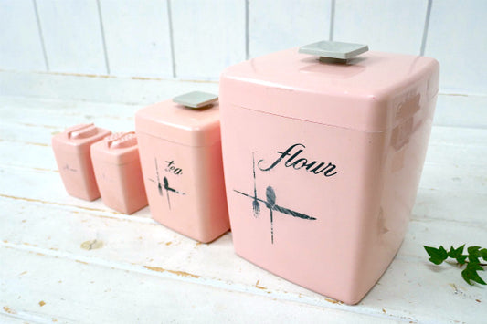 サーモンピンク×グレー flour&tea ソルト&ペッパー 50's ヴィンテージ キャニスター USA キッチン雑貨