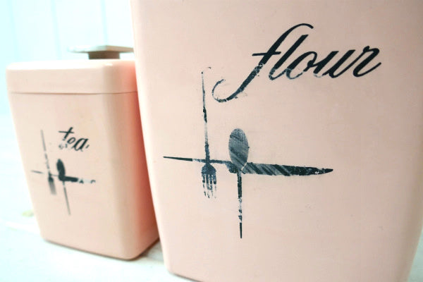 サーモンピンク×グレー flour&tea ソルト&ペッパー 50's ヴィンテージ キャニスター USA  キッチン雑貨