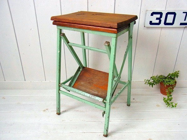 木製×アイアン製・若草色・アンティーク・ステップチェア/ステップツール/椅子　USA