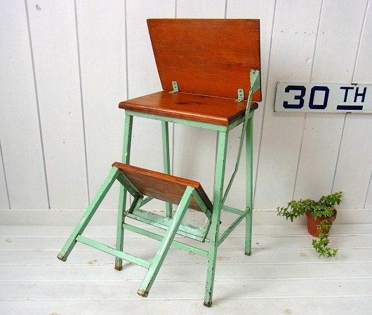 木製×アイアン製・若草色・アンティーク・ステップチェア/ステップツール/椅子　USA