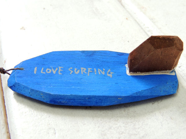 【I LOVE SURFING】松田大児作・木製・ミニサーフボード・オブジェ/ブルー×イエロー⑥