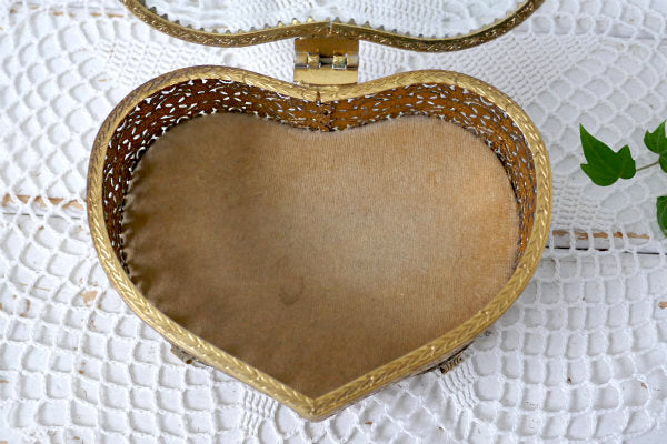 ハート型 ベベルガラス ゴールドトーン アンティーク ジュエリーボックス・ジュエリーケース 宝石箱