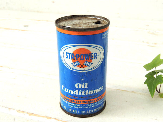 STA・POWER・自動車関連 ヴィンテージ・オイル缶・チェッカーフラッグ柄・旗・モーター系