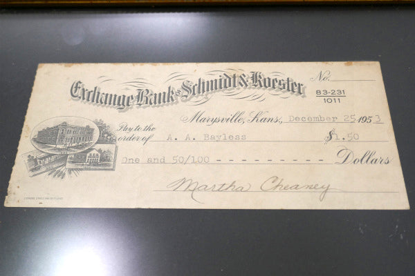 ゴールドフレーム 1953年 銀行 小切手入り ヴィンテージ 木製 フレーム 額縁 額装 ゴージャス