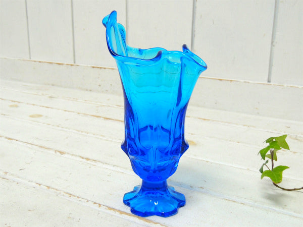 【USA・ブルーガラス】素敵なデザイン・アンティーク・花瓶・フラワーベース・花器・コバルトブルー