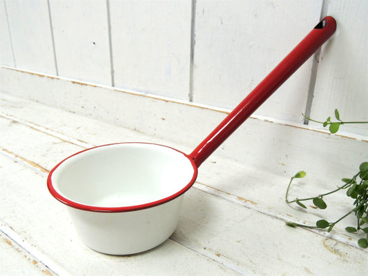 ホワイト×レッド・ホーロー製・アンティーク・ミルクパン・ソースパン・片手鍋・エナメルウェア・キッチン