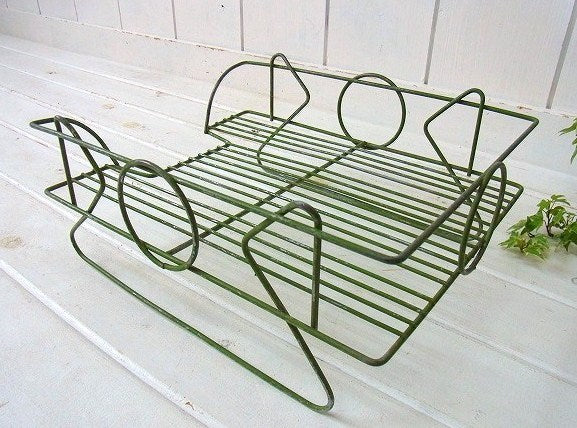 グリーン色の脚付き・ヴィンテージ・ワイヤー書類トレイ/書類ラック/デスクトレイ　USA