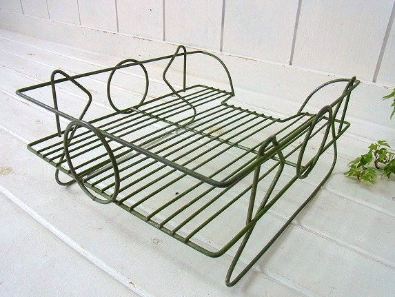 グリーン色の脚付き・ヴィンテージ・ワイヤー書類トレイ/書類ラック/デスクトレイ　USA