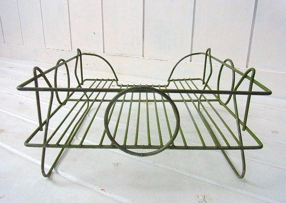 グリーン色の脚付き・ヴィンテージ・ワイヤー書類トレイ/書類ラック/デスクトレイ　USA