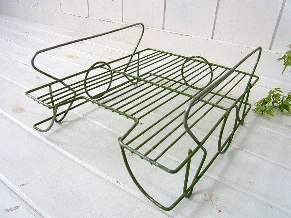 グリーン色の脚付き・ヴィンテージ・ワイヤー書類トレイ/書類ラック/デスクトレイ　USA